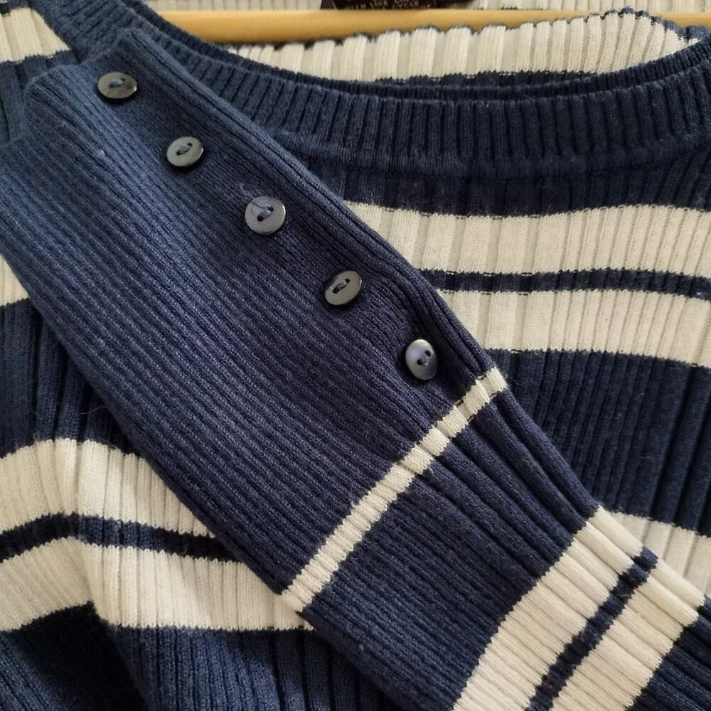 Hooked Up by IOI XL Navy White Striped Ribbed Knit Sweater NWOT Long Sleeve Top - Picture 5 of 8